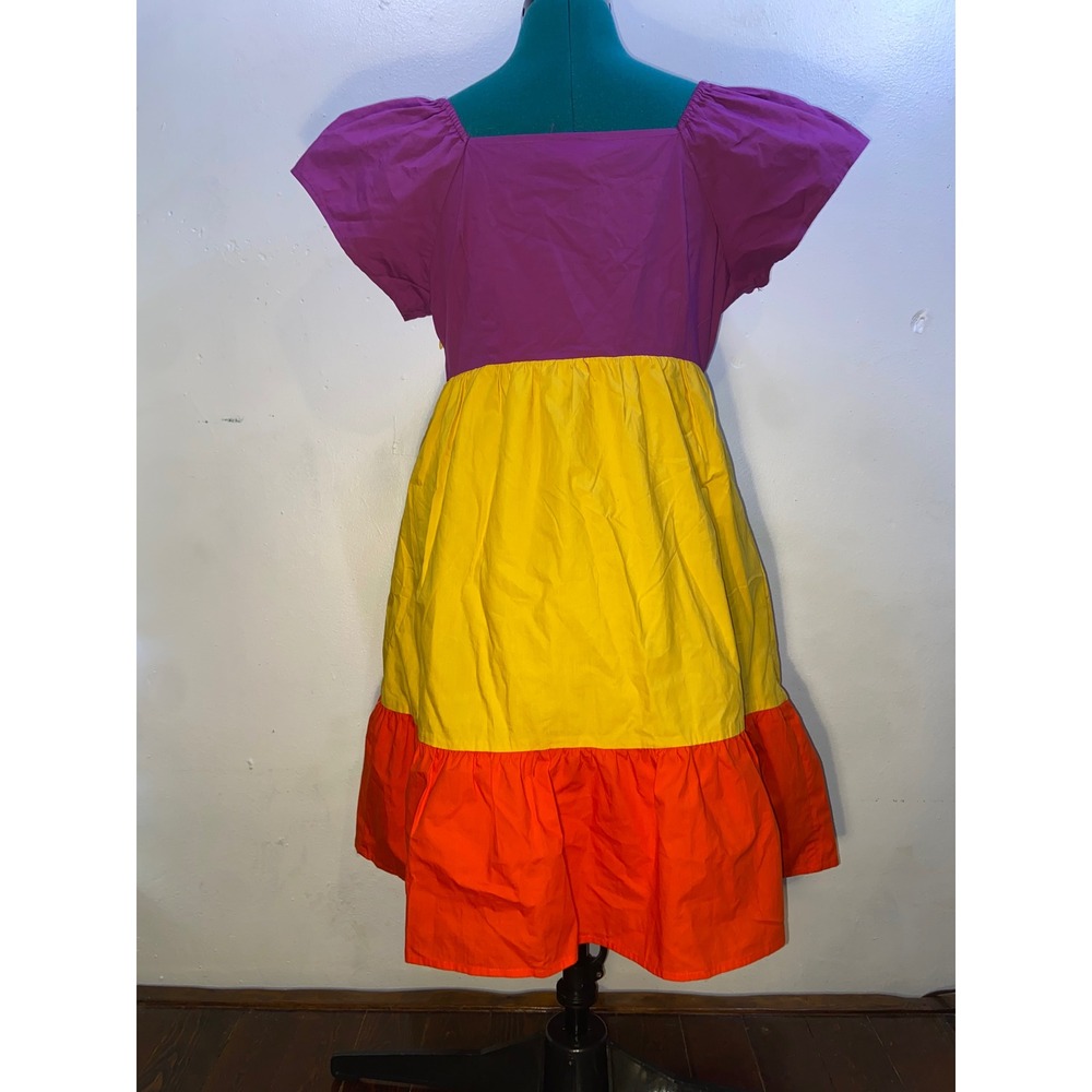 The Get Colorblock Tiered Cotton Midi Dress Puff Sleeves Maximalist Eclectic - S - Picture 3 of 7